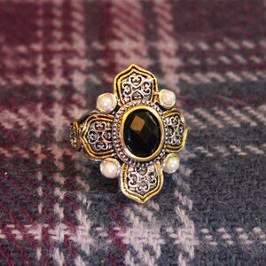 Silver and Gold Tone Baroque Cross Faux Pearl and Glass